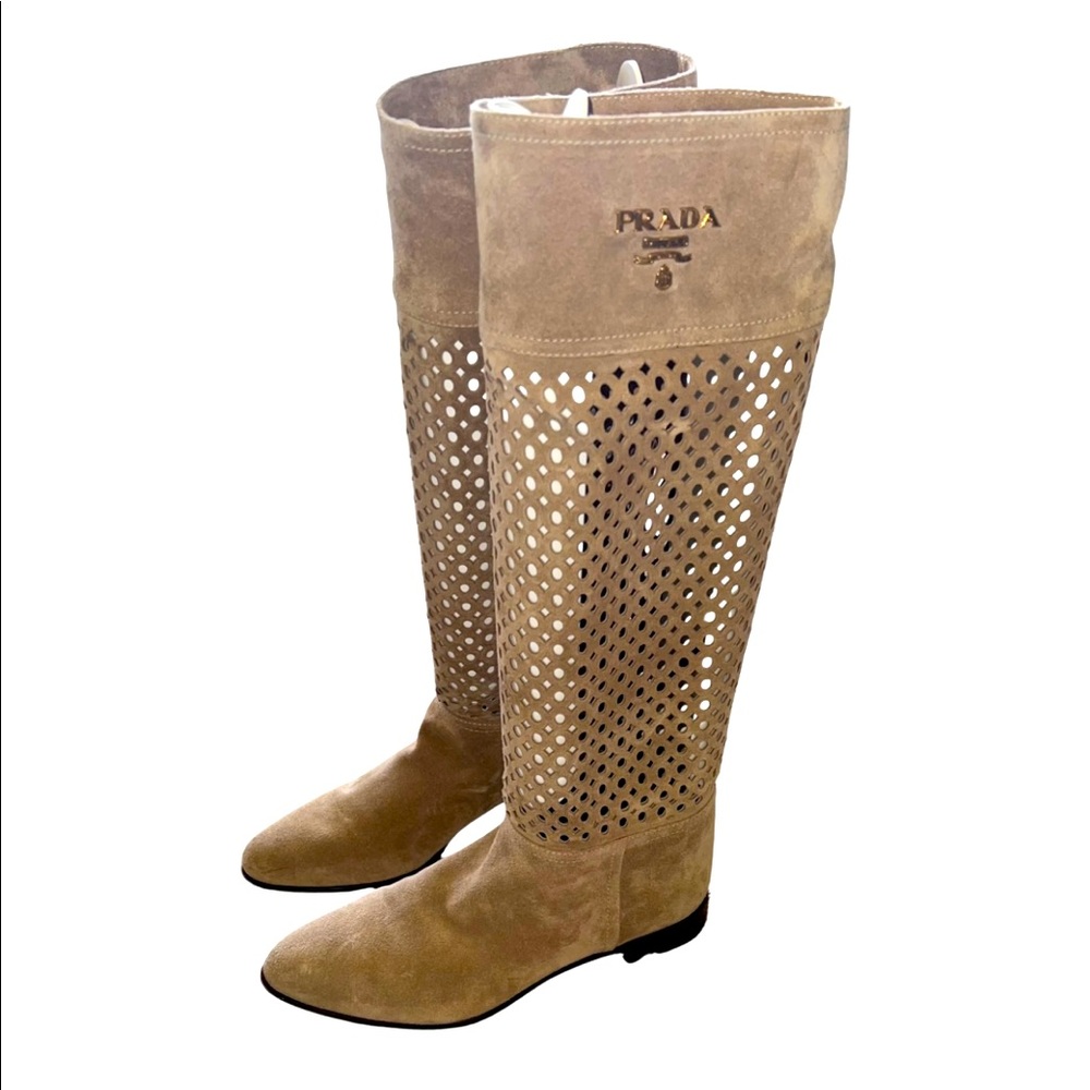 Prada stamped knee high suede boots
